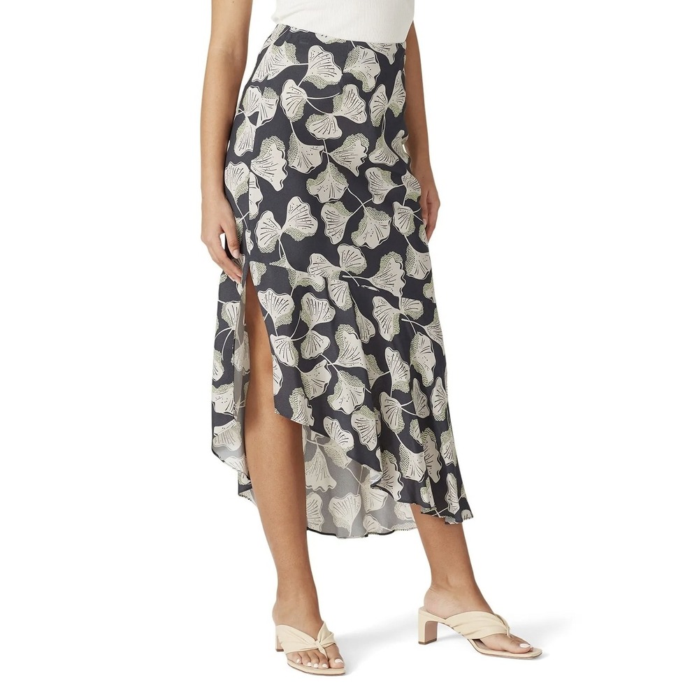 Charli London Yvonne Ginkgo Leaf Midi Skirt Black Ivory Viscose Boho Slip US 8